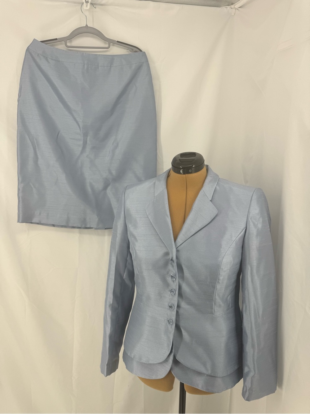 Women's Light Blue Satin Skirt Suit - Classic Blazer & Pencil Skirt